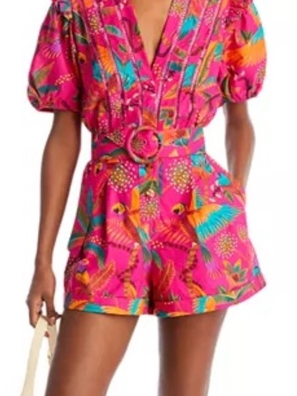 Hausen Hot Pink Tropical Print Romper with Belt